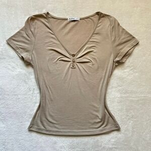 Beige Ribbed Front Button Short Sleeve Shirt Womens Size Medium